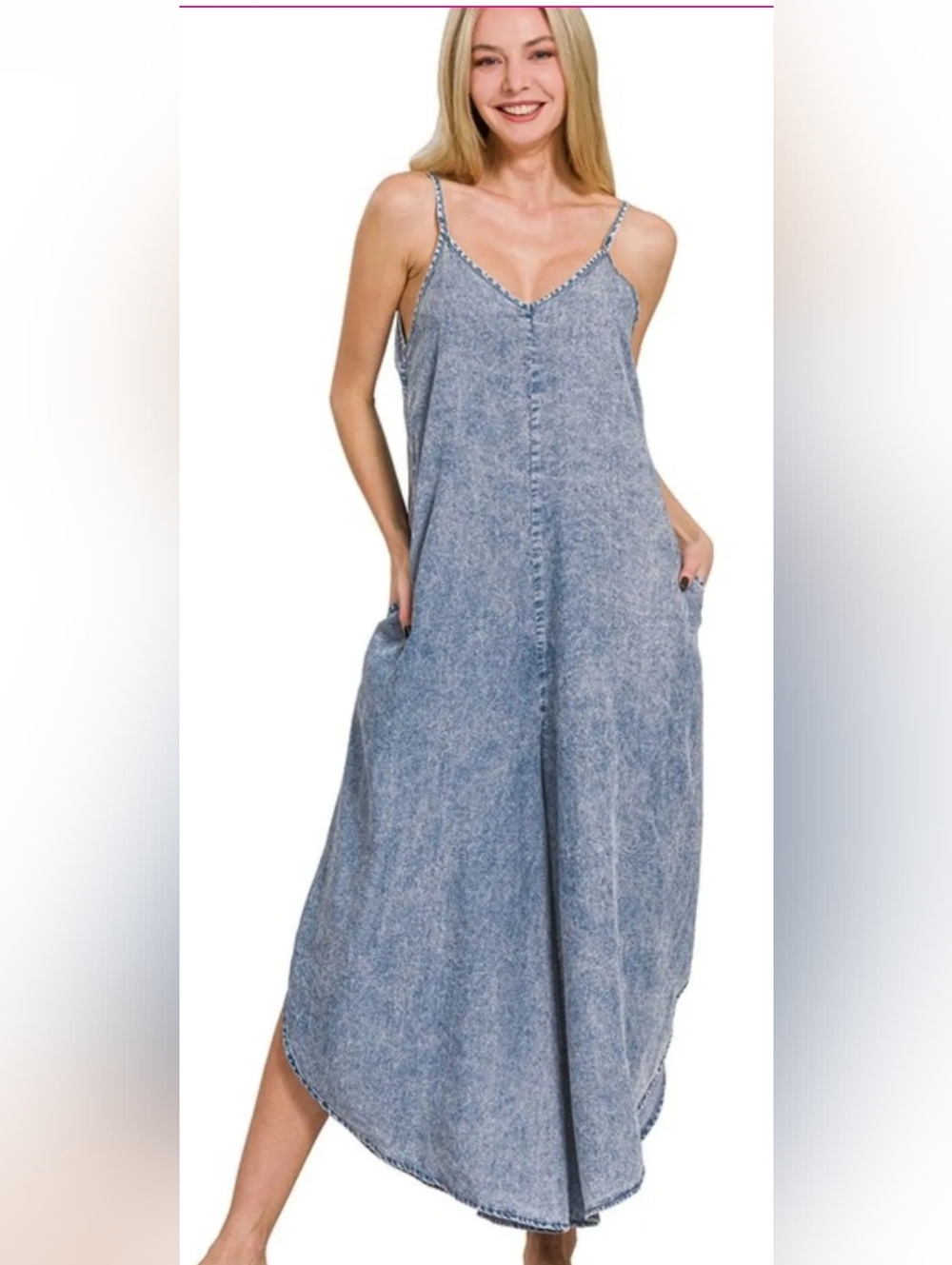 ZENANA Women's M Indigo Lyocell Acid Washed Lightweight Jumpsuit Sizes: S, M, L